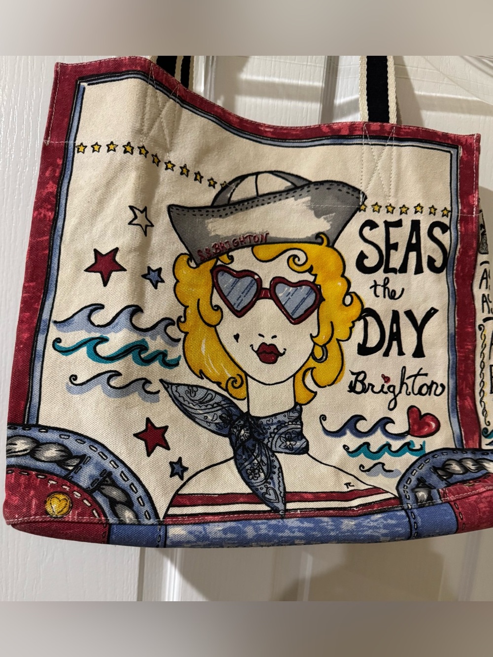 Brighton Seas The Day Canvas Tote - Blue, Red & Cream - Picture 2 of 7